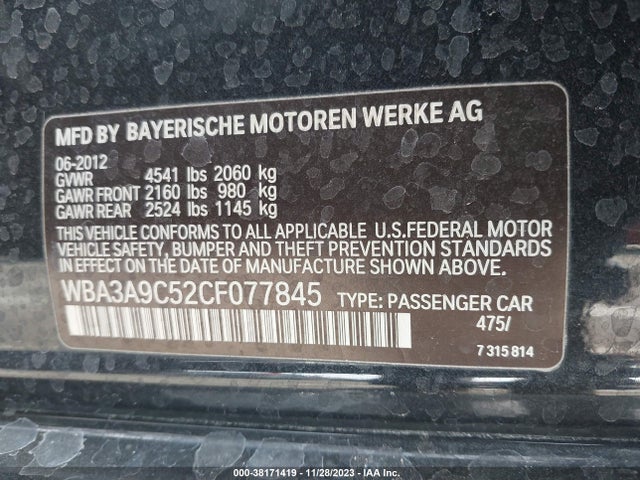 2012 BMW 335I VIN: WBA3A9C52CF077845