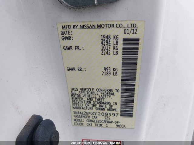 2012 NISSAN ALTIMA 2.5 S VIN: 1N4AL2EP0CC209597