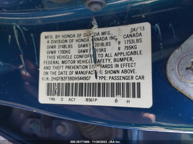 2013 HONDA CIVIC LX VIN: 2HGFB2F59DH544907