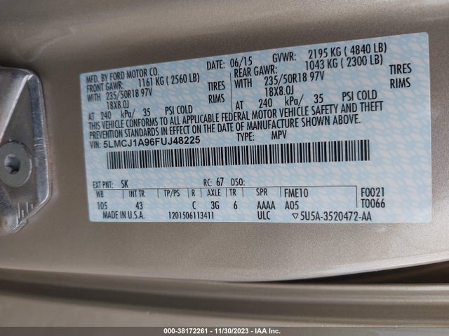2015 LINCOLN MKC VIN: 5LMCJ1A96FUJ48225