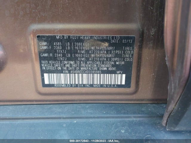 2013 SUBARU OUTBACK 2.5I PREMIUM VIN: 4S4BRCCC4D3285985