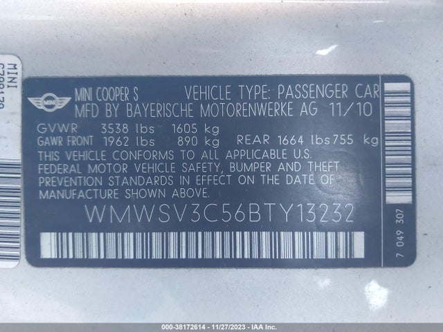 2011 MINI COOPER S WMWSV3C56BTY13232 Photo 8