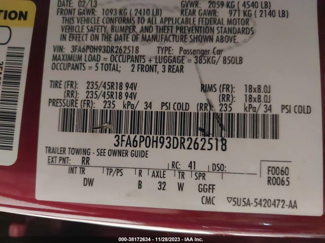 2013 FORD FUSION SE VIN: 3FA6P0H93DR262518