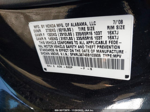2008 HONDA ODYSSEY EX-L VIN: 5FNRL38748B103906