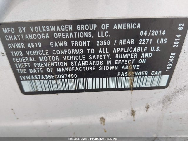 2014 VOLKSWAGEN PASSAT 1.8T S VIN: 1VWAS7A35EC097490