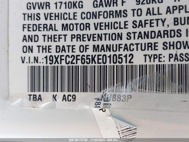 Honda Civic Lx 2019 19XFC2F65KE010512 Image 9