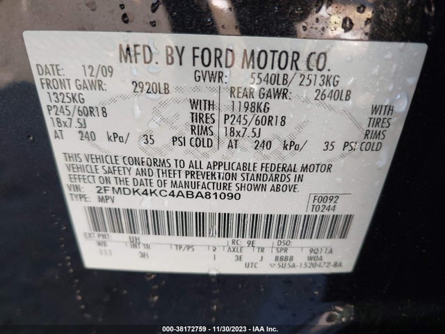 2010 FORD EDGE LIMITED VIN: 2FMDK4KC4ABA81090
