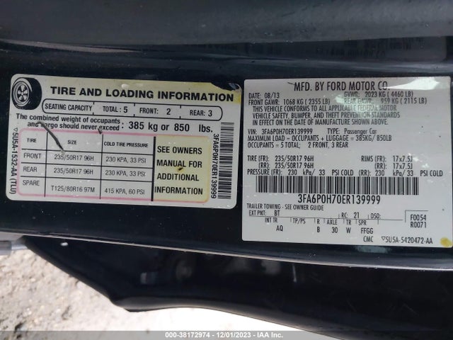 2014 FORD FUSION SE VIN: 3FA6P0H70ER139999