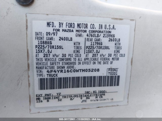 1998 Mazda B2500 Se მანქანა იყიდება აუქციონზე, vin: 4F4YR16C0WTM05208, აუქციონის ნომერი: 38172981
