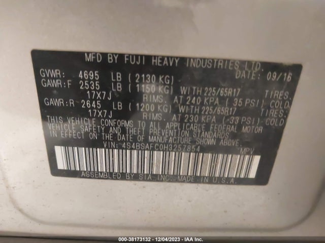 2017 SUBARU OUTBACK 2.5I PREMIUM VIN: 4S4BSAFC0H3257854