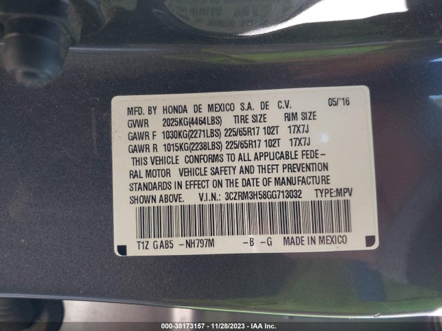 2016 HONDA CR-V EX VIN: 3CZRM3H58GG713032