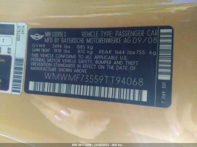 2009 MINI COOPER S WMWMF73559TT94068 Photo 8