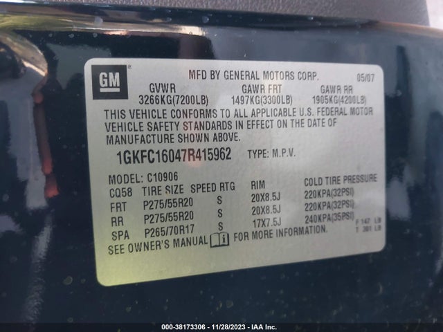 2007 GMC YUKON XL 1500 SLT VIN: 1GKFC16047R415962