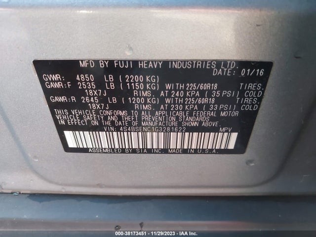 2016 SUBARU OUTBACK 3.6R LIMITED VIN: 4S4BSENC1G3281622