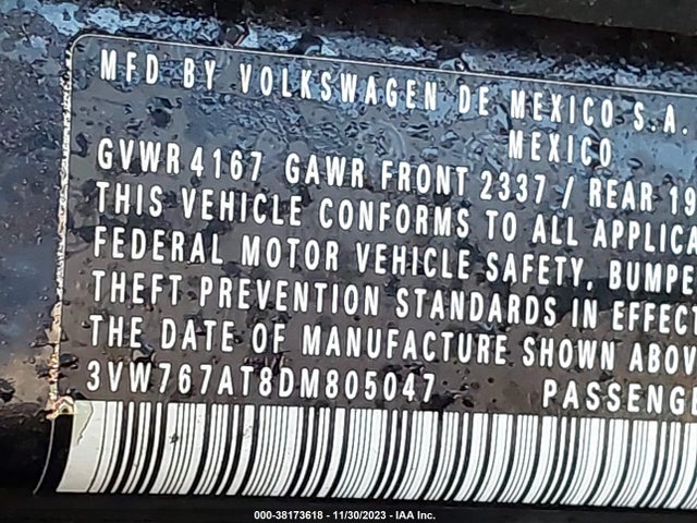 2013 VOLKSWAGEN BEETLE 2.0T VIN: 3VW767AT8DM805047