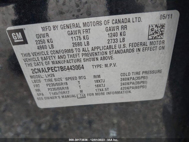2011 CHEVROLET EQUINOX 2LT VIN: 2CNALPEC7B6443064