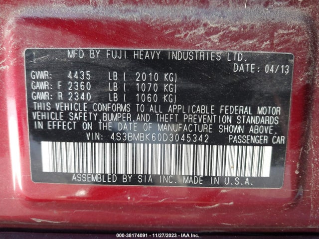 2013 SUBARU LEGACY 2.5I LIMITED VIN: 4S3BMBK60D3045342