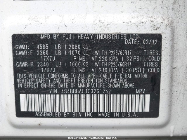 2012 SUBARU OUTBACK 2.5I VIN: 4S4BRBAC1C3261252