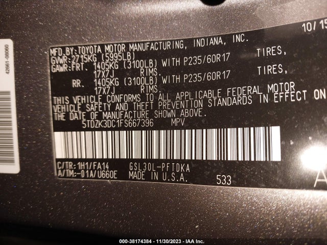 2015 TOYOTA SIENNA L 7 PASSENGER VIN: 5TDZK3DC1FS667396