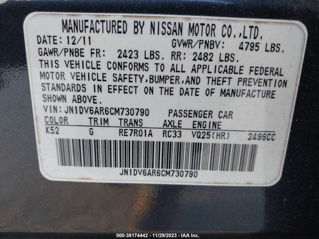 2012 INFINITI G25X VIN: JN1DV6AR6CM730790