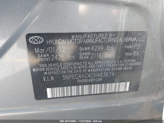 2012 HYUNDAI SONATA SE VIN: 5NPEC4AC4CH483674