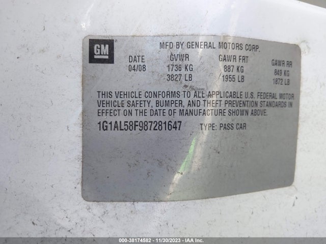2008 CHEVROLET COBALT LT VIN: 1G1AL58F987281647