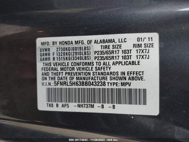 2011 HONDA ODYSSEY EX-L VIN: 5FNRL5H63BB043238