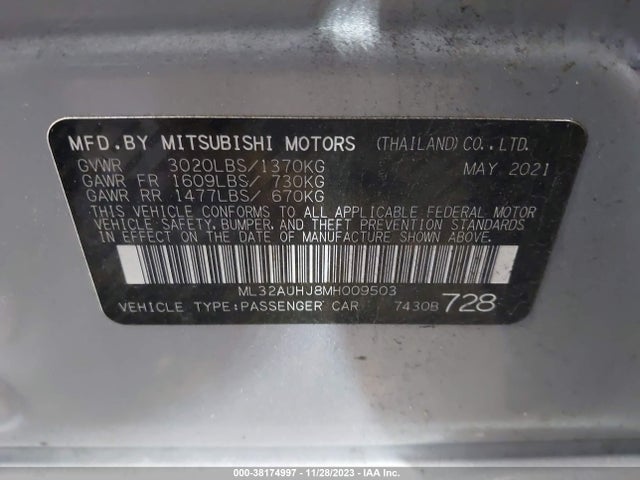 2021 MITSUBISHI MIRAGE LE/ES/CARBONITE EDITION VIN: ML32AUHJ8MH009503