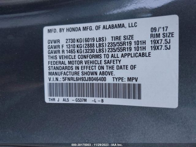 5FNRL6H93JB046400 Honda Odyssey Elite