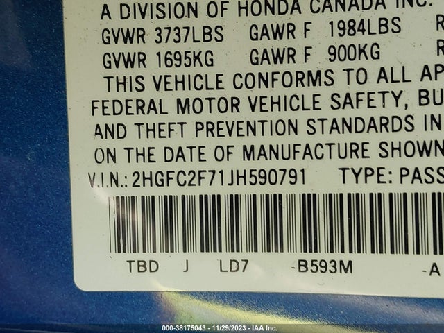 2018 HONDA CIVIC EX VIN: 2HGFC2F71JH590791