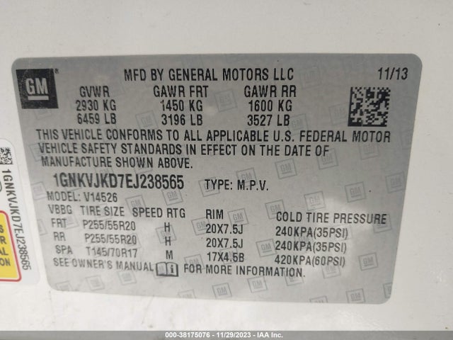 Chevrolet Traverse Ltz 2014 1GNKVJKD7EJ238565 Image 9