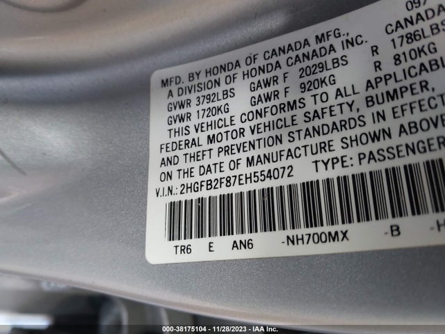 Honda CIVIC EX 2014 2HGFB2F87EH554072 Image 9