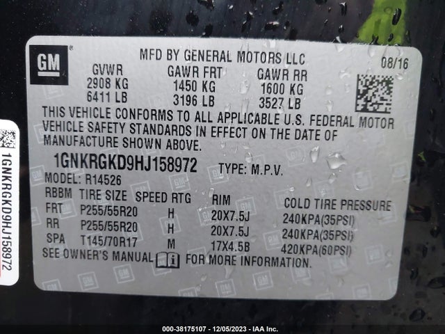 Chevrolet Traverse 1lt 2017 1GNKRGKD9HJ158972 Image 9