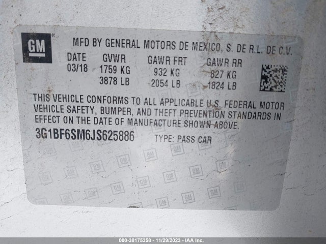 2018 CHEVROLET CRUZE PREMIER AUTO VIN: 3G1BF6SM6JS625886