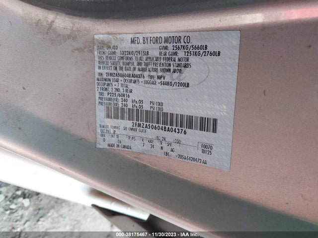 2004 FORD FREESTAR S VIN: 2FMZA50604BA04376