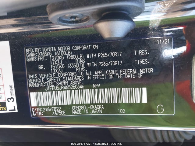 2022 TOYOTA 4RUNNER SR5 VIN: JTEEU5JR4N5260346