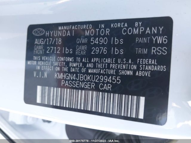 KMHGN4JB0KU299455 Genesis G80 3.3t Sport