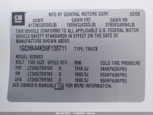 2009 CHEVROLET SILVERADO 2500HD WORK TRUCK VIN: 1GCHK44K59F138711