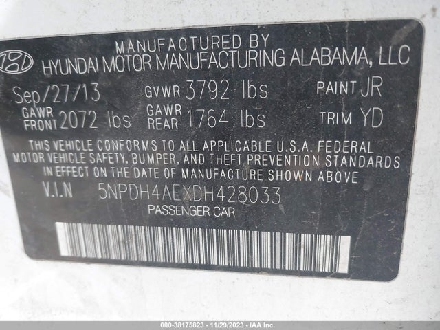 2013 HYUNDAI ELANTRA LIMITED VIN: 5NPDH4AEXDH428033