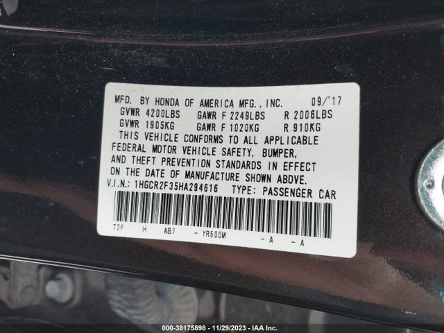 Honda ACCORD LX 2017 1HGCR2F35HA294616 Image 9