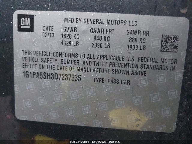 2013 CHEVROLET CRUZE LS AUTO VIN: 1G1PA5SH3D7237535