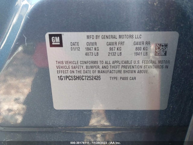 2012 CHEVROLET CRUZE VIN: 1G1PC5SH6C7252426