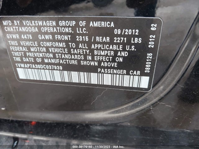 Aukcja sprzedaży 2013 Volkswagen Passat 2.5l S, vin: 1VWAP7A30DC037939, numer aukcji: 38176160
