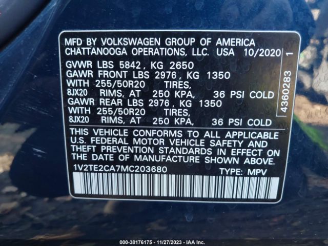 1V2TE2CA7MC203680 Volkswagen Atlas Cross Sport 3.6l V6 Sel Premium
