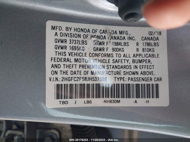 Honda Civic Lx 2018 2HGFC2F58JH537598 Image 9