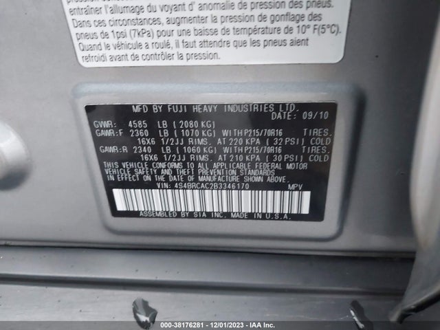 2011 SUBARU OUTBACK 2.5I VIN: 4S4BRCAC2B3346170