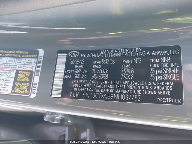 2022 HYUNDAI SANTA CRUZ SEL VIN: 5NTJCDAE9NH037752