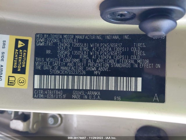 2013 TOYOTA HIGHLANDER BASE V6 VIN: 5TDBK3EH7DS237526