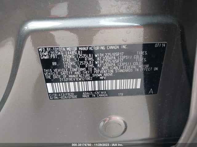 2014 TOYOTA RAV4 LE VIN: 2T3ZFREV1EW121962