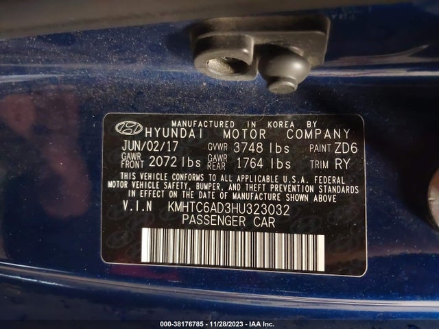 2017 HYUNDAI VELOSTER VALUE EDITION VIN: KMHTC6AD3HU323032
